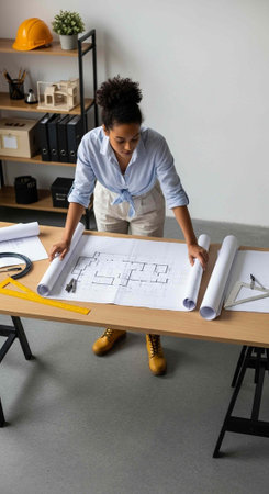 A focused woman architect reviewing blueprints in a modern office setting with various design tools...