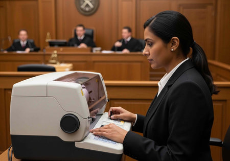 A woman in a black suit typing on a machine in a courtroom with judges in the backgroundの写真素材