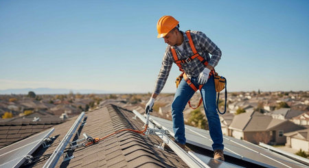A construction worker installing solar panels on a residential roof with a cityscape in the...