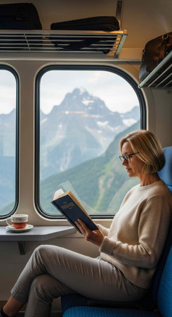 A woman sits on a train reading a book with a scenic mountain view outside the window