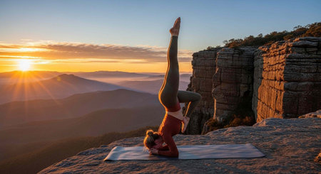 A woman practices yoga on a cliff overlooking a serene mountain landscape at sunset