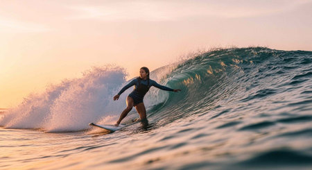 A woman in a wetsuit surfing on a large wave during a beautiful sunset