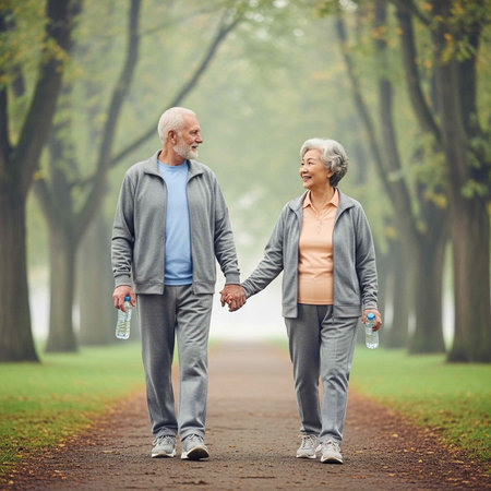 An elderly couple walks hand in hand on a serene forest path, enjoying a leisurely stroll together.