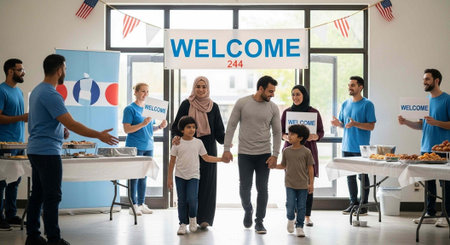 A diverse family walking into a community center with volunteers welcoming them with open arms and a...