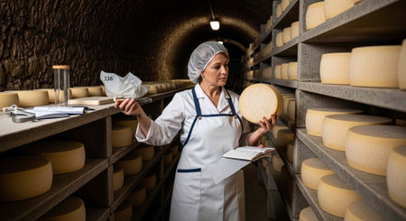 A woman in a white lab coat and hairnet stands in a cheese storage room holding a wheel of cheese...