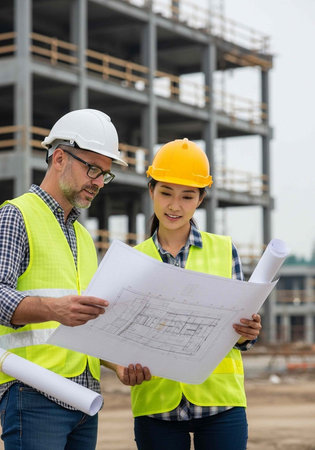 Two construction workers reviewing blueprints on a building site with hard hats and safety vests