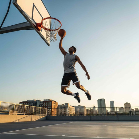 A man in athletic clothing jumps high to dunk a basketball into the hoop on an outdoor court