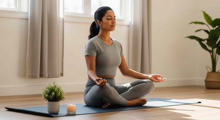A serene woman meditating in a peaceful room with a yoga mat and plants around her.の写真素材