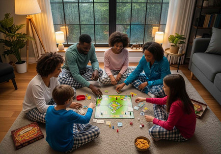 A family of six wearing matching pajamas plays a board game together on a cozy living room floor.