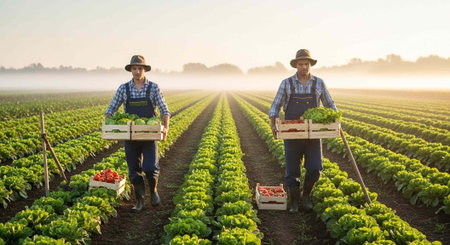 Two farmers harvesting fresh produce in a lush green field at sunrise