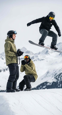 Three snowboarders enjoying a fun day on the snowy mountain with a stunning winter landscapeの写真素材