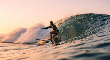 A woman surfs on a large wave in the ocean during a beautiful sunset