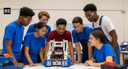 A group of diverse students gathered around a robot in a classroom setting, engaged in a...