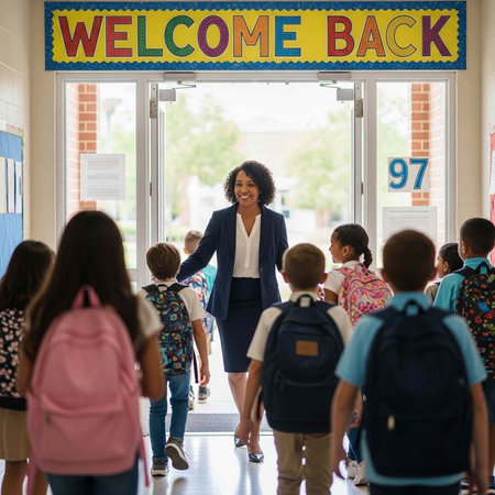 A smiling teacher greets her students as they enter the classroom on the first day of school.の写真素材