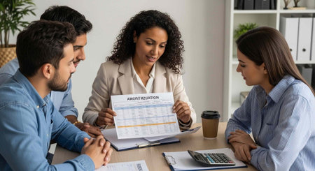 A group of diverse business professionals discussing a profit projection report in a modern office...