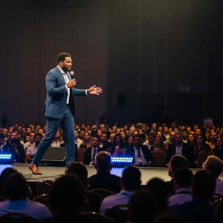 A confident speaker presents to a large audience in a professional setting with a microphone in...