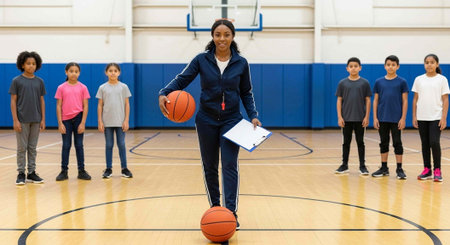 A female basketball coach stands in a gymnasium with a group of young playersの写真素材