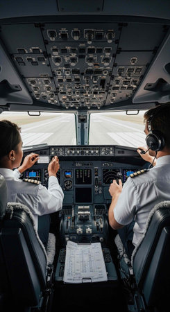 Two pilots in the cockpit of an airplane preparing for takeoff on a runway