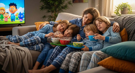 A woman and her children are sitting on a couch watching TV together in their pajamasの写真素材