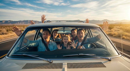 A group of friends enjoying a road trip together in a car with a beautiful landscape background