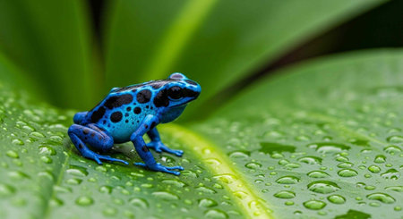 Small blue frog with black spots on a wet green leaf with water dropletsの写真素材
