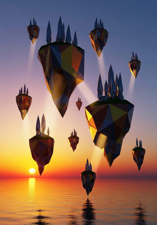 Geometric islands with spiky tops float above calm water at sunset with vibrant sky