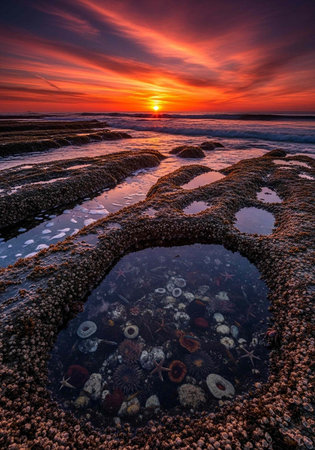 Serene beach scene at sunset with rocky tide pools and anemones under a vibrant orange sky
