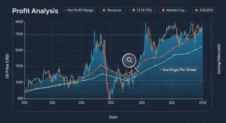 A line graph showing profit analysis with revenue, market cap, and earnings per share trends