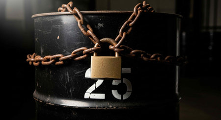 Black metal barrel with chain and padlock, number 25 printed on side, dark backgroundの写真素材