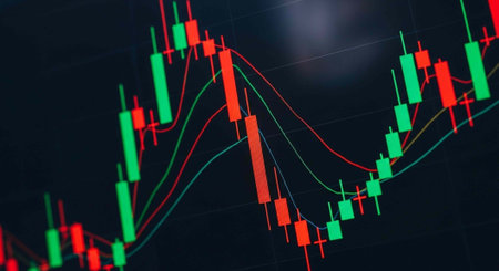 A financial graph with red and green candlesticks and trend lines on a dark background