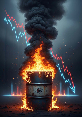 Flaming oil barrel with black smoke, surrounded by stock market graphs in red and blue