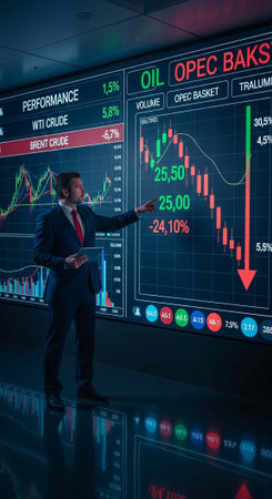 Man in suit examining financial data on a large screen display with graphs and charts