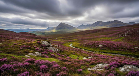 Serene landscape of green hills, purple flowers, and rocky terrain leading to distant mountains...