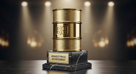 A gold oil barrel trophy sits on a black marble base with a plaque that reads "HIGHEST PRICE ACHIEVEMENT".の写真素材