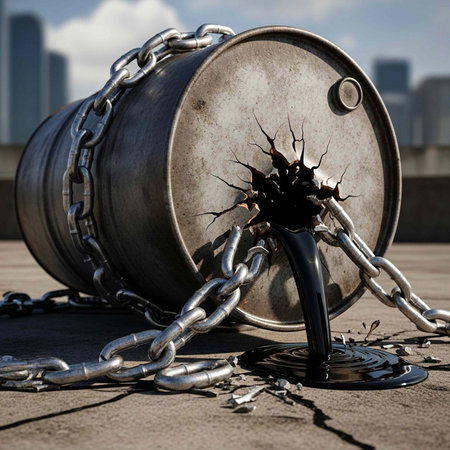 Broken metal barrel with chains and oil spill on rooftop with city viewの写真素材