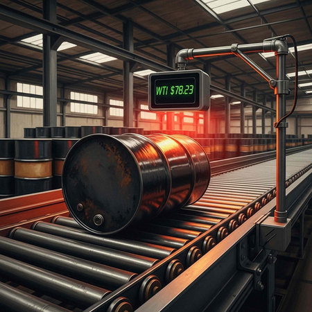 Large metal oil barrel on conveyor belt in warehouse with digital screen showing price