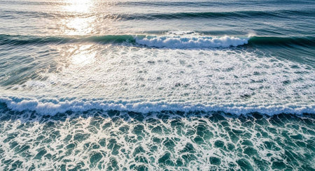 Ocean waves with white foam and sunlight reflection on turquoise water surface viewed from above
