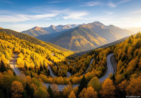 Aerial view of a serpentine highway cutting through a colorful fall landscape with trees and...