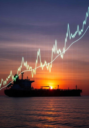 Silhouette of a cargo ship on water at sunset with a stock market graph superimposed