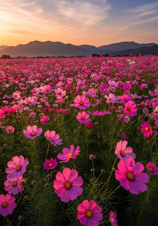 A serene field of pink cosmos flowers with green stems and yellow centers at sunset