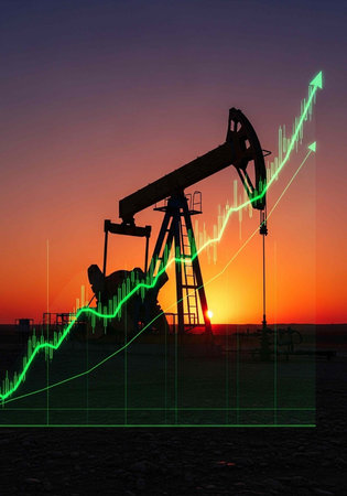 Oil pump jack silhouette at sunset with green graph and arrows indicating growth trend