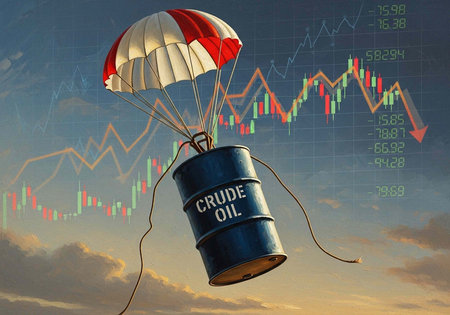 A crude oil barrel with a parachute floats down in front of stock market graphs and a cloudy skyの写真素材