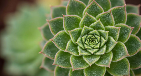 A succulent plant with green leaves and pink edges, covered in dew drops, in sharp focus