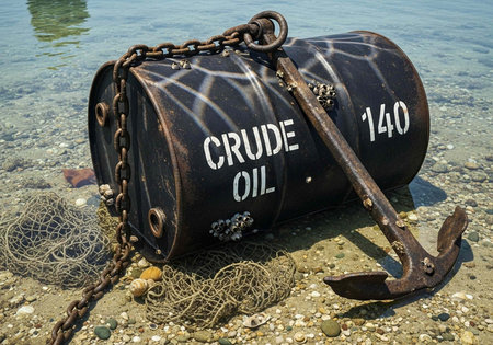 Abandoned crude oil barrel, rusty anchor, and tangled fishing net on rocky beach by clear water