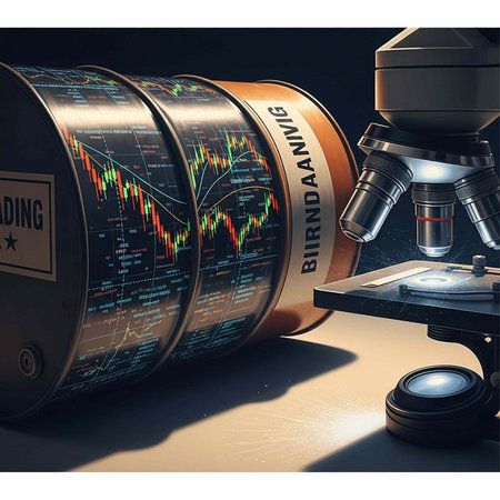 Cylinders with stock market data and graphs next to a microscope on a table in a dark setting