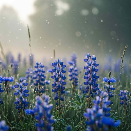 A serene field of blue lupine flowers with green stems and leaves under a sunny skyの写真素材