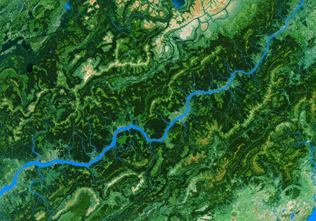 Satellite image of a blue river flowing through dense green forest and hills with patches of brown...