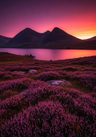 Peaceful scenery featuring purple heather, still lake, and mountains during colorful sunsetの写真素材