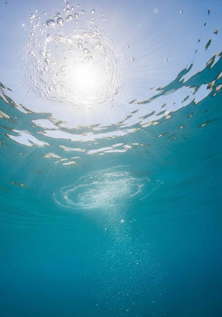 Sunlight filters through clear turquoise water with bubbles and ripples on surface
