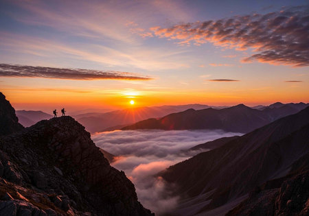 Hikers on mountain summit at sunset, surrounded by foggy valley and vibrant orange sky